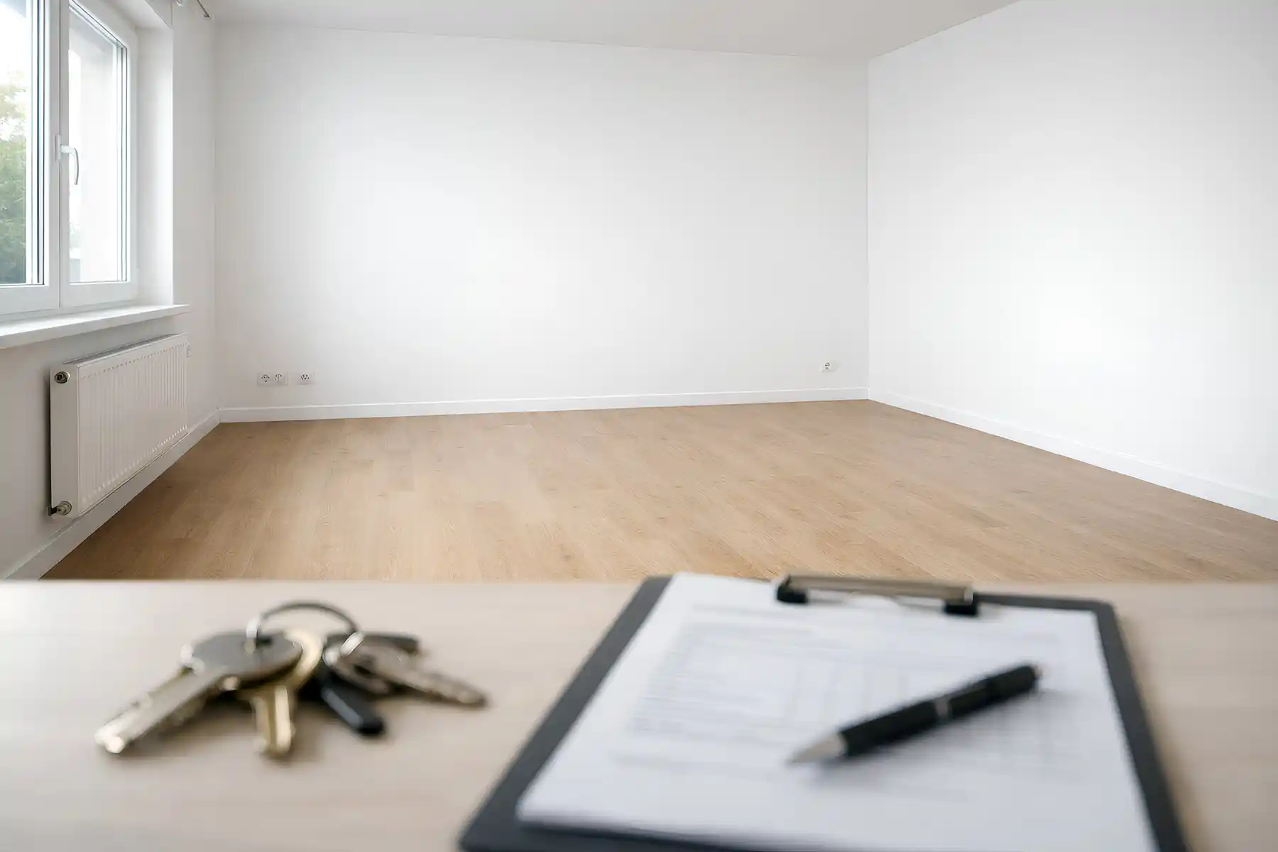 uebergabe und auszugsrenovierung Leerer, frisch renovierter Raum mit weißen Wänden und hellem Boden; im Vordergrund liegen Schlüssel und ein Übergabeprotokoll auf einem Klemmbrett.