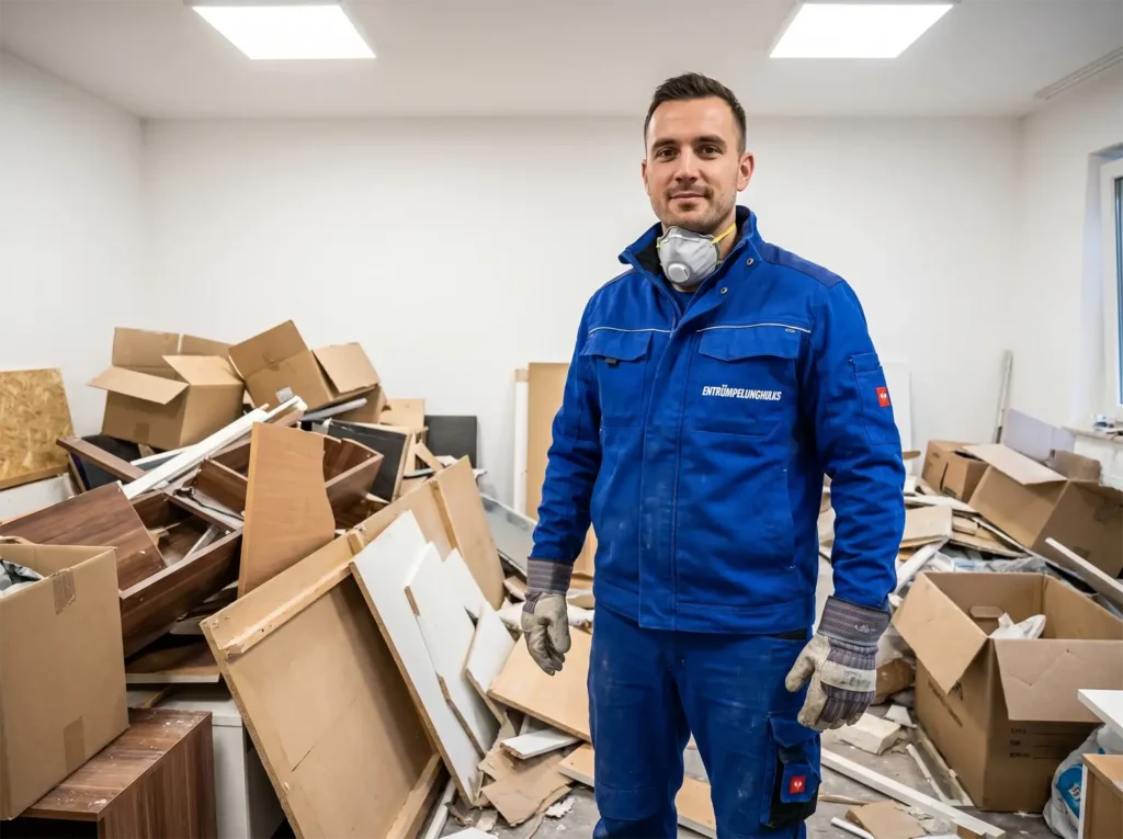 Professionelle Messie-Hilfe: Ein Entrümpler der Hulks in Schutzausrüstung steht ruhig inmitten einer komplexen Wohnungsräumung.