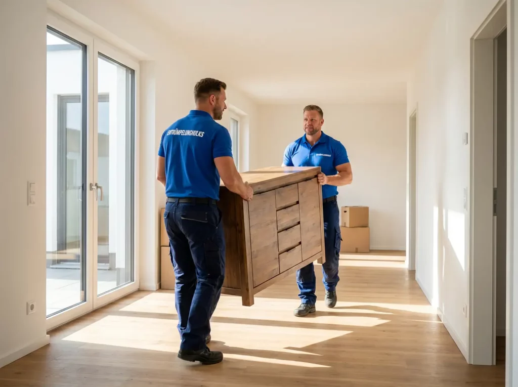 Zwei kräftige Mitarbeiter der Entrümpelunghulks tragen eine massive Holzkommode durch einen hellen Wohnungsflur.