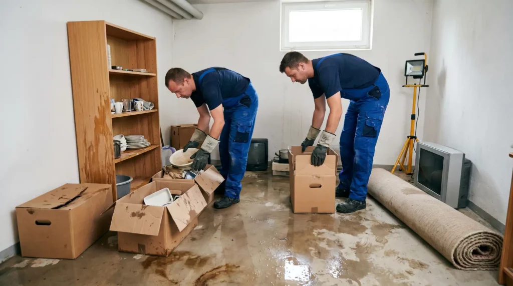 Keller nach Starkregen entrümpeln mit nassen Kartons, beschädigten Gegenständen und Mitarbeitenden in blauer Arbeitskleidung