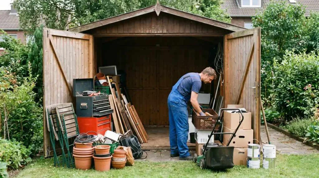 Schuppen entrümpeln mit sortierten Gartengeräten, Holzresten und Mitarbeiter in blauer Arbeitskleidung.
