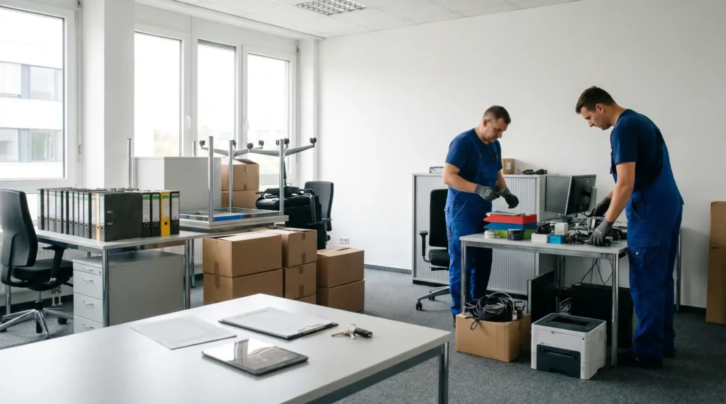 Büroauflösung planen mit sortierten Büromöbeln, Akten, Technik und Mitarbeitenden der Entrümpelunghulks