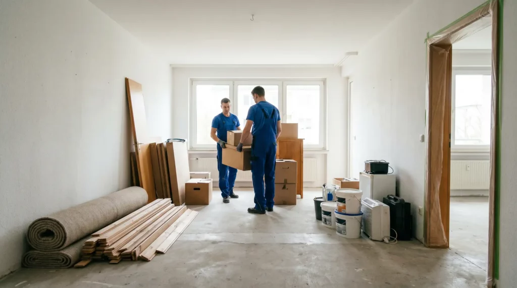 Entrümpelung vor Renovierung mit freien Räumen, sortierten Möbeln und Mitarbeitenden der Entrümpelunghulks