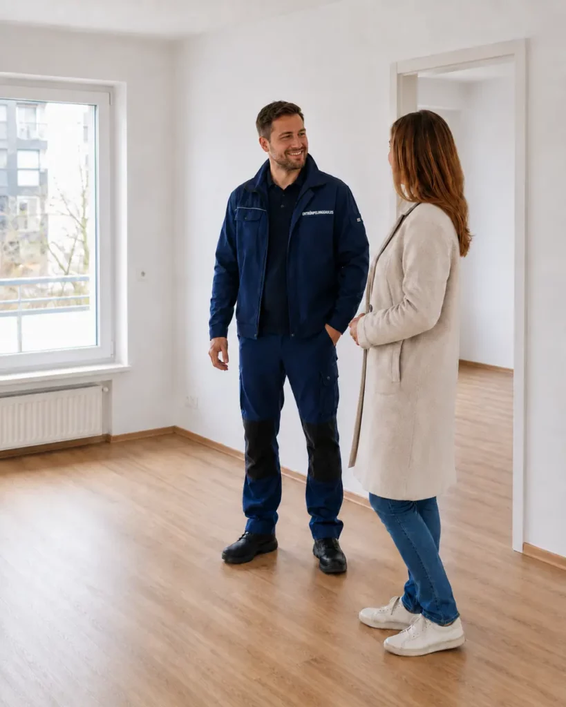 Mitarbeitender der Entrümpelunghulks bei der Übergabe einer besenreinen Wohnung in Bochum