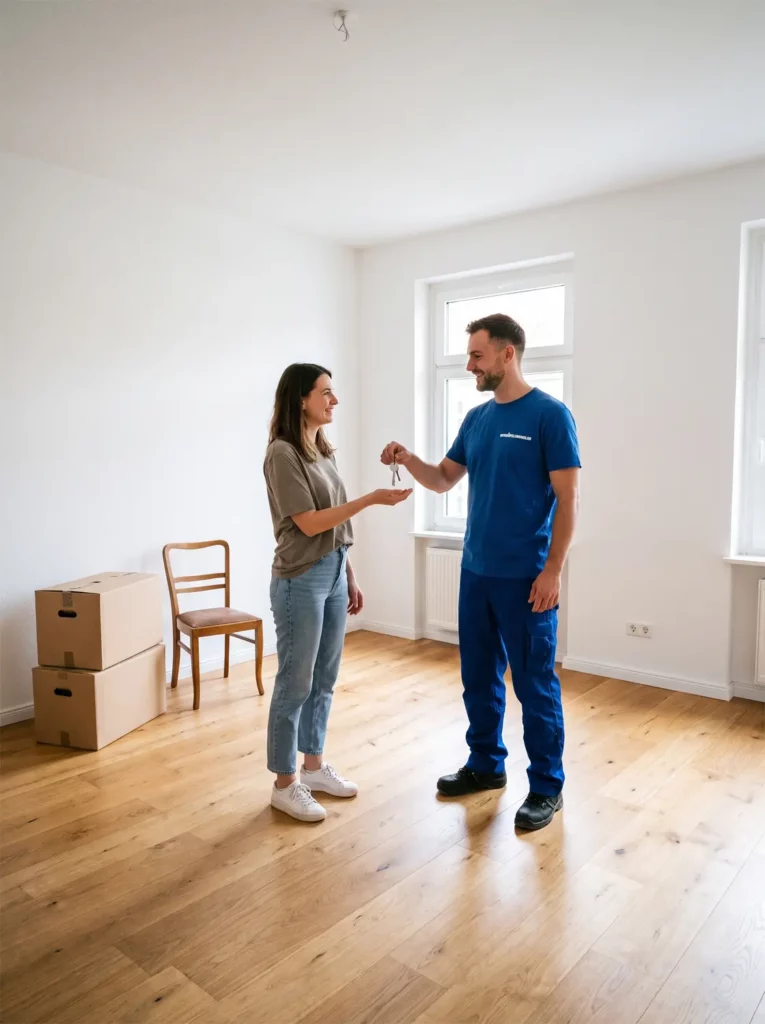 Mitarbeitender der Entrümpelunghulks übergibt eine leergeräumte Wohnung in Dortmund