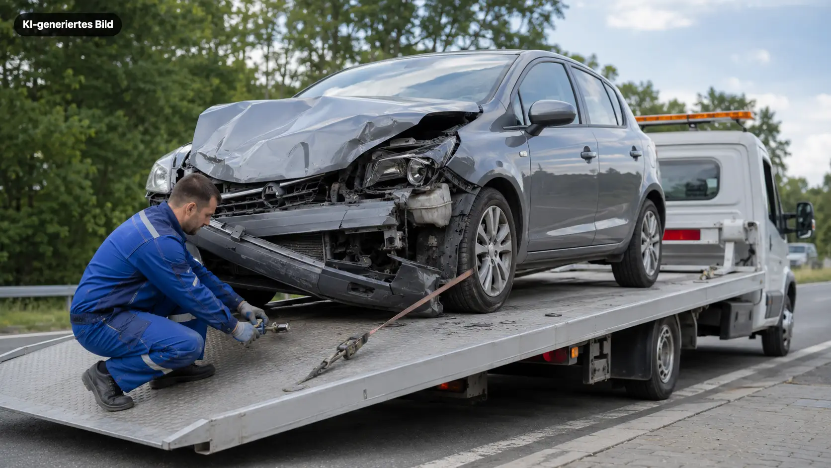 Unfallwagen bei der Autoentsorgung in Essen auf einem Abschleppwagen