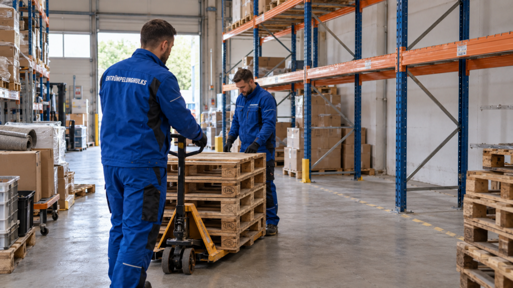 KI-generierte Darstellung von Mitarbeitenden der Entrümpelunghulks beim Bewegen von Paletten in einer Lagerhalle