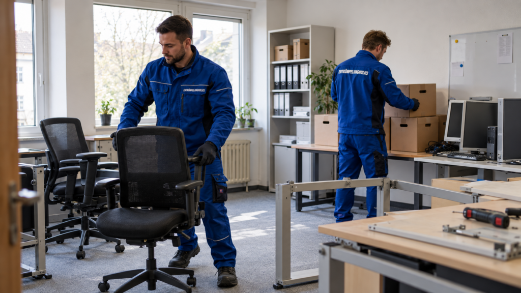 KI-generierte Darstellung von Mitarbeitenden der Entrümpelunghulks beim Räumen von Büromöbeln und Kartons